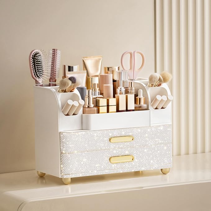 HBlife Makeup Organizer for Vanity with Brush Holder, Large Bathroom Countertop Cosmetic Organizer Skin Care Storage, Easy to Store Nail Polishes, Perfumes, Eyeshadow Palettes, Pearl All White