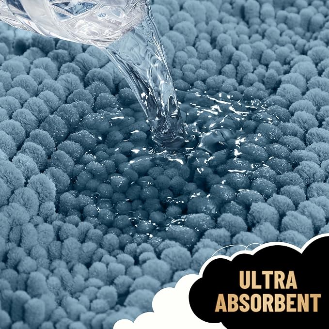 OLANLY Thick Large Bathroom Rugs 45x27, Extra Soft Absorbent Chenille Striped Bath Rugs, Rubber Backing, Machine Wash, Bath Mats for Bathroom Floor, Tub and Shower, Home Decor Accessories, Airy Blue