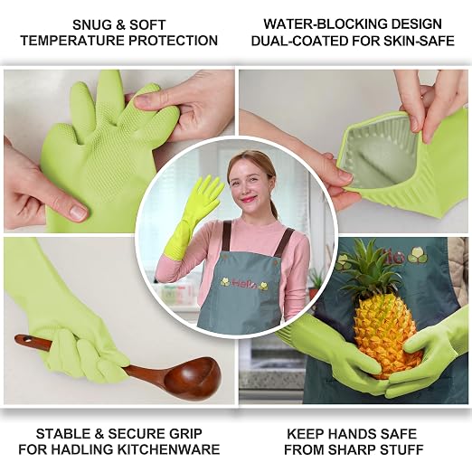 DABOGOSA Reusable Waterproof Household Dishwashing Cleaning Rubber Gloves, Non-Slip Kitchen Glove (Green, Medium (Pack of 3))