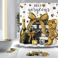 4Pcs Gold Black Leopard Shower Curtain Set, Luxury Cheetah Bathroom Curtain with Rug, Toilet Lid Cover, Bath Mat, Fashion Magazine Books Perfume High Heels Girly Shower Curtain with 12 Hooks