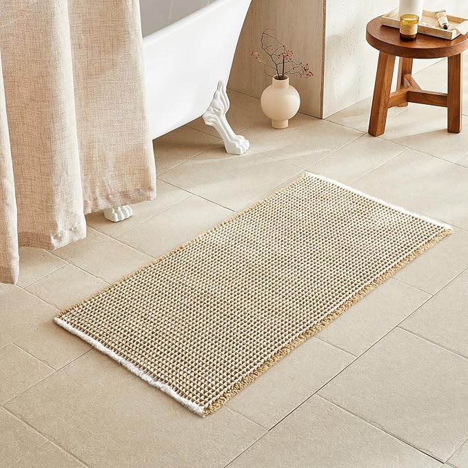 TYUU Waffle Bath Mat, Boho Bathroom Rugs Non Slip Washable Super Absorbent Quick Dry Bath Mat Farmhouse Bathroom Decor, 48"x24" Khaki and White