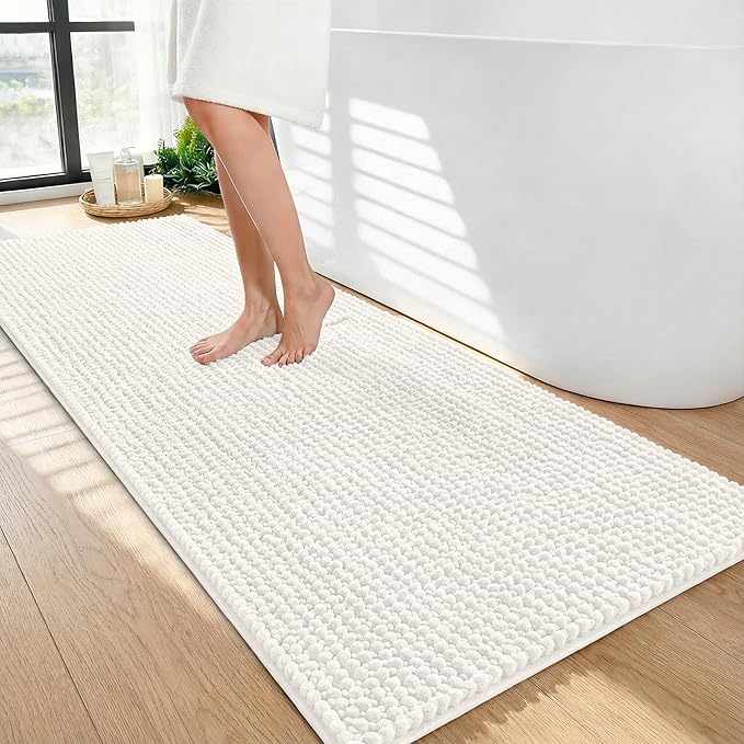 OLANLY Thick Bathroom Runner Rugs 47x24, Extra Soft Absorbent Chenille Bath Rugs, Rubber Backing, Machine Wash Dry, Long Bath Mats for Bathroom Floor, Tub and Shower, Home Decor Accessories, Ivory