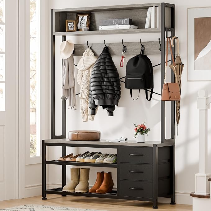 Lulive Hall Tree with 3 Drawers, Industrial Entryway 39.4" Coat Rack Shoe Bench, Freestanding Mudroom Organizer with 12 Hooks, Top Shelf Storage (Grey)