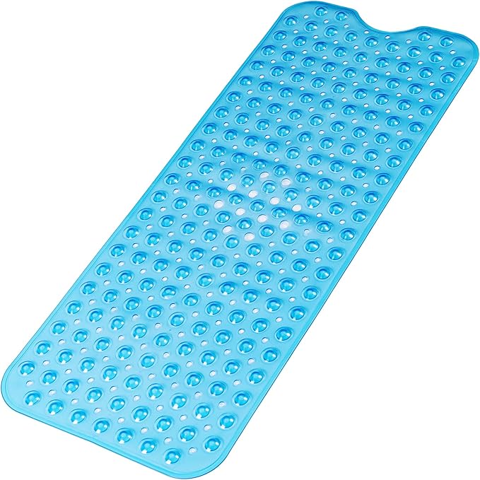 Large Non Slip Bathtub Mat, Extra Long Bath Mat for Tub, 40 x 16 Inch, Machine Washable Shower Mats with Suction Cups and Drain Holes, Bath Tub Mats for Bathroom Non Slip, Clear Blue
