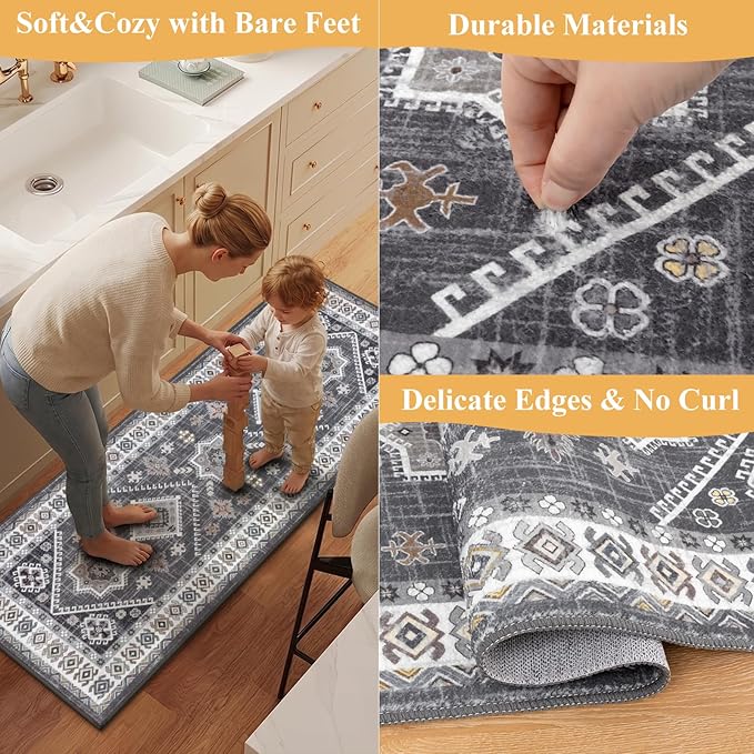 HEBE Boho Kitchen Rugs Sets of 2, Non Slip Washable Kitchen Mats for Floor, Farmhouse Kitchen Carpet Runner Rug Set for Sink, Stove, Laundry Room & Hallway