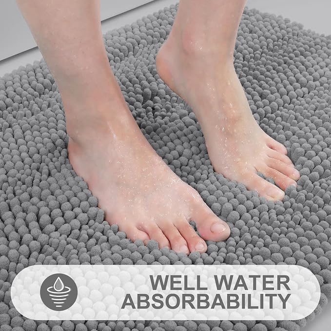 Grandaily Chenille Striped Bathroom Rugs 47x32, Extra Thick and Absorbent Bath Mats, Non-Slip Soft Plush Shaggy Shower Carpet, Machine Wash Dry, Bath Rug for Bathroom, Dark Gray