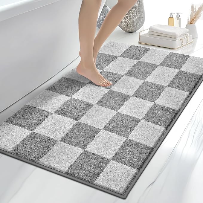 anllugs Bathroom Rugs 30" x 46", Non-Slip Extra Soft Absorbent Bath Rugs, Machine Washable Quick Dry Bath Mats for Bathroom Floor, Shower, Bathtub and Sink, Checkered Light Grey & Grey