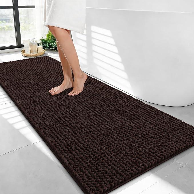 OLANLY Thick Bathroom Runner Rugs 47x24, Extra Soft Absorbent Chenille Bath Rugs, Rubber Backing, Machine Wash Dry, Long Bath Mats for Bathroom Floor, Tub and Shower, Home Decor Accessories, Brown