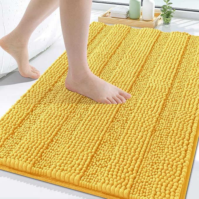 Grandaily Chenille Striped Bathroom Rugs 59x20, Extra Thick and Soft Absorbent Bath Mats, Rubber Backing, Plush Shaggy Shower Carpet, Machine Wash Dry, Bath Rug for Bathroom, Light Yellow