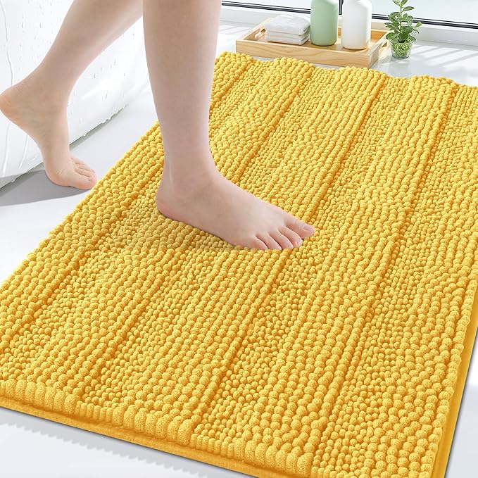 Grandaily Chenille Striped Bathroom Rugs 47x24, Extra Thick and Soft Absorbent Bath Mats, Rubber Backing, Plush Shaggy Shower Carpet, Machine Wash Dry, Bath Rug for Bathroom, Light Yellow