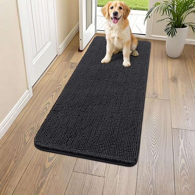 Smiry Dog Door Mat for Muddy Paws 47x17, Absorbent Dirt Trapper, Non-Slip Washable Chenille Entryway Rug for Inside Floor, Black, Classic Solid