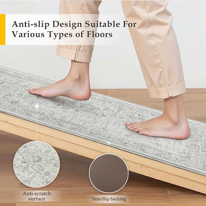 PureCozy Kitchen Mats 2PCS Anti Fatigue Cushioned Mat Light Green Vintage Kitchen Mats for Floor Waterproof Non Slip Comfort Standing Retro Floral Rug for Sink Laundry Office 17.3"x59"+17.3"x30"