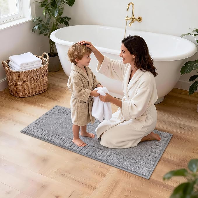 Pauwer Bathroom Rugs Set 5 Piece Non Slip Washable Bath Mat Set with U Shaped Contour Toilet Rugs Plush Absorbent Microfiber Shower Mat and Toilet Lid Cover for Bathroom, Light Grey