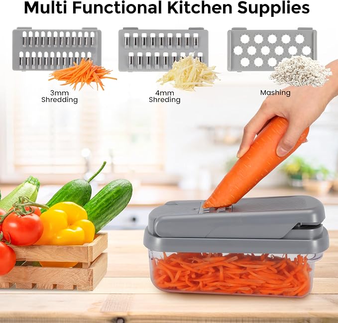 Vegetable Chopper,12-in-1 Multifunctional Food Chopper,Professional Onion Chopper with 7 Blades,Vegetable Cutter with Container for Salad,Potato,Carrot,and Garlic Essential Kitchen Tool (Silver gray)