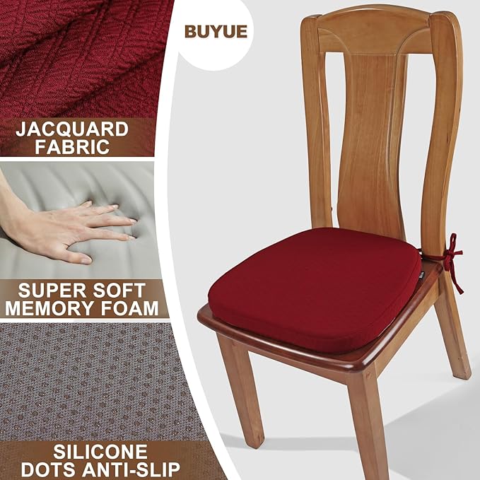 BUYUE Luxury Memory Foam Chair Cushions 6 Pack, Jacquard 16" U-Shape Comfortable Dining Chair Pads, Removable Slip Resistant Kitchen Chair Seat Cushions (Set of 6, Burgundy)