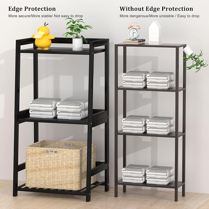 POXAKA 3 Tier Bamboo Bathroom Shelves, Ladder Shelf for Storage, Rustic Home Organizer, Space-Saving Design, Stylish Display Nightstand, Stylish Storage Solution for Home, Living Room, Kitchen