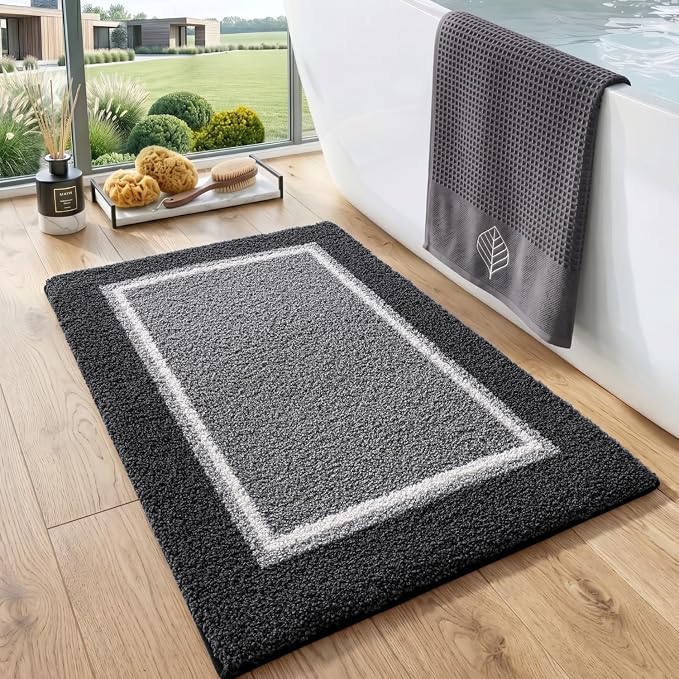 DEXI Bathroom Rugs 24x16, Absorbent Extra Soft Plush Microfiber Bath Mat for Bathroom, Non Slip Washable Bathmat Quick Dry for Shower Floor, Sink, Tub, Laundry Room, Dark Grey