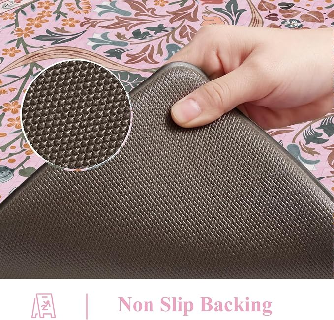 Collive Kitchen Mats for Floor, Cushioned Anti Fatigue Mat Pink Floral Rugs 2 Piece Non Skid Waterproof Sink Rug, Memory Foam Comfort Standing Mat for Office, Laundry, Desk