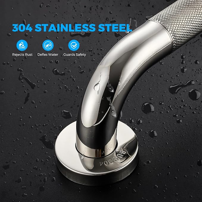 L-Shaped Grab Bars for Shower, 24x12 Inch Stainless Steel Grab Bars for Elderly for Wall Mount, Anti-Slip Knurled Grip Bathroom Safety Rail, Right