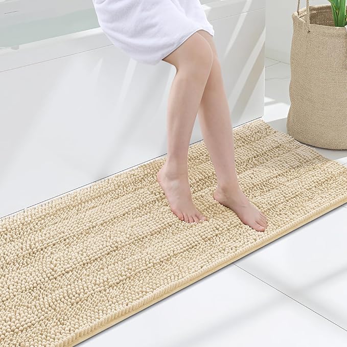 Grandaily Chenille Striped Bathroom Rugs 47x17, Extra Thick and Soft Absorbent Bath Mats, Rubber Backing, Plush Shaggy Shower Carpet, Machine Wash Dry, Bath Rug for Bathroom, Light Beige