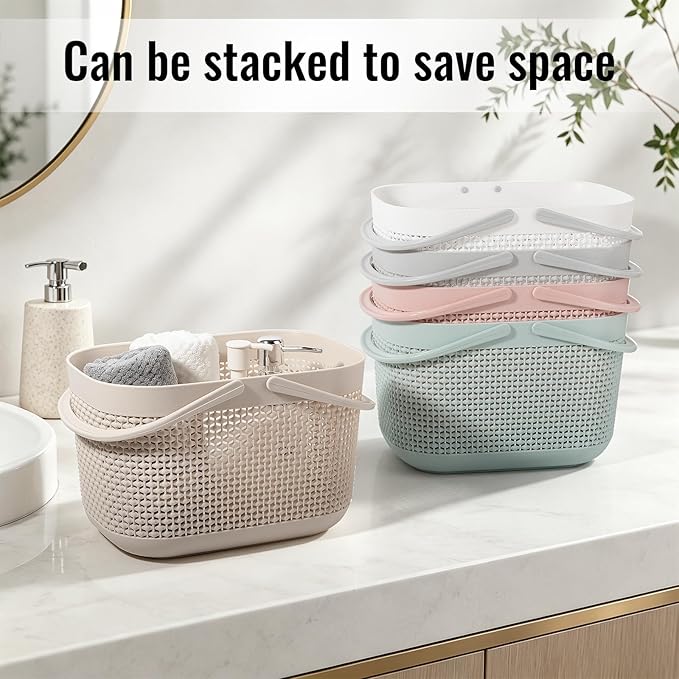 UUJOLY Plastic Organizer Storage Baskets with Handles, Shower Caddy Bins Organizer for Bathroom and kitchen, Beige