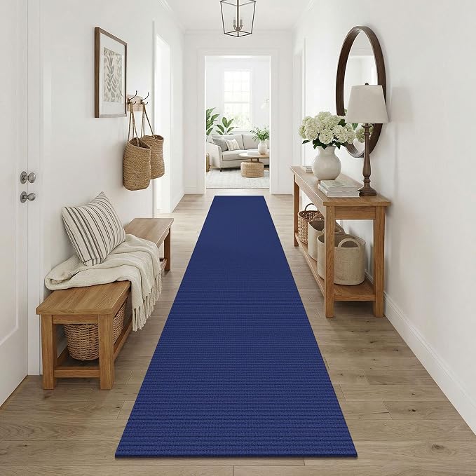 KOZYFLY Cotton Runners Rugs for Hallway 2.5'x10', Washable Runner Rug, Woven Non Slip Kitchen Runner, Braided Entryway Rug, Floor Carpet for Entry, Aisle, Hall, Royal Blue/Navy