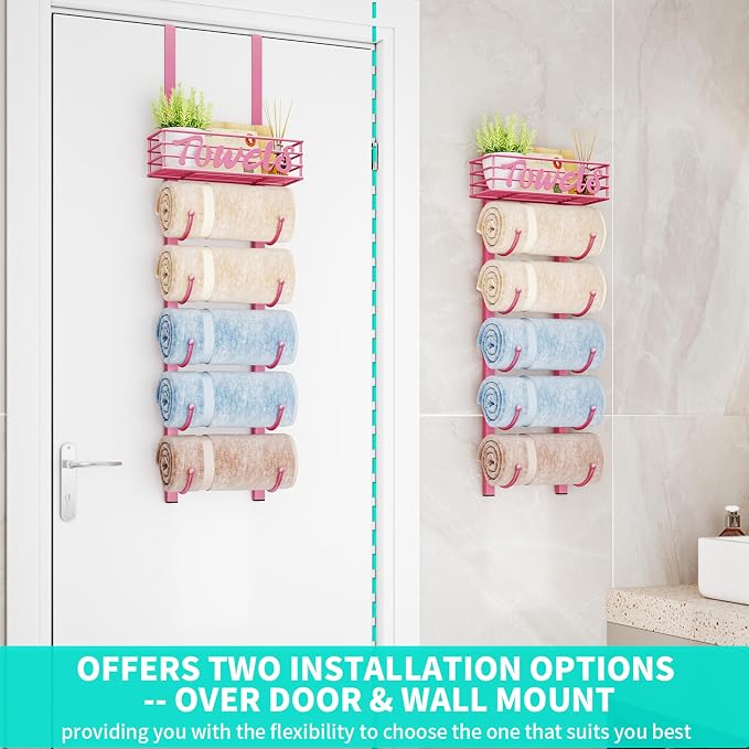 HapiRm Towel Racks for Bathroom Storage - 6 Tier Over The Door & Wall Mount Rolled Towel Storage Organizer Holder with Metal Shelf Basket for Small Bathroom, Camper, Rv - Pink, Patented