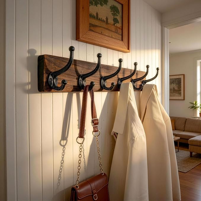 WEBI Rustic Coat Rack Wall Mount,24" Long 6 Cast Iron Coat Hooks Wall Mounted,Heavy Duty Wood Wall Coat Hanger Hooks for Hanging Coats,Jacket,Clothes,Backpack,Farmhouse,Weathered Brown