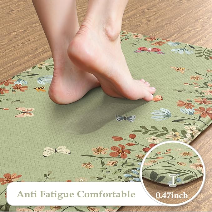 KIMODE Anti Fatigue Kitchen Mat for Floor, 17"x47"+17"x29" Butterfly Flower Kitchen Rugs Non Skid, Cushioned Padded Kitchen Floor Mat, Comfort Standing Mat for Laundry Office Sink Desk Sage Green