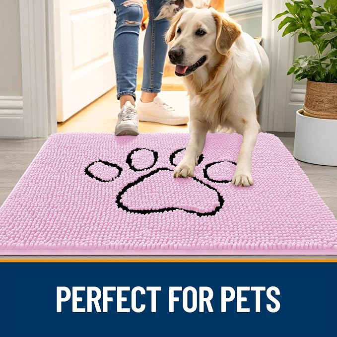 OLANLY Dog Door Mat for Muddy Paws 48x30, Paw Print Design, Absorbs Moisture and Dirt, Absorbent Non-Slip Washable Doormat, Quick Dry Chenille Mud Mat for Dogs, Entry Indoor Entryway Carpet, Pink