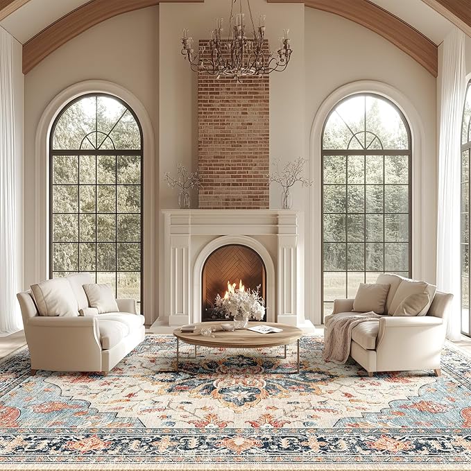 RELEANY Area Rugs Large 10'x14' Washable Non-Slip, Floral Vintage Distress Medallion Carpet for Living Room Bedroom Dining Room, Beige Navy Blue Orange Colorful
