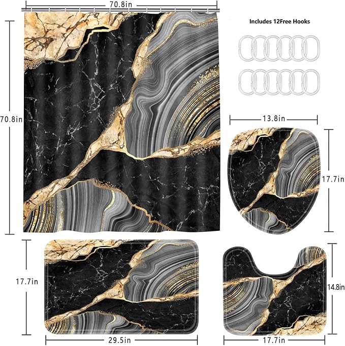 Nkzply 4 Pcs Black Marble Shower Curtain Gold Bathroom Sets with Shower Curtain and Rugs Modern Abstract Grey Shower Curtain Set Bathroom Rug Set Bathroom Decor Accessories with Hooks Toilet Lid Cover