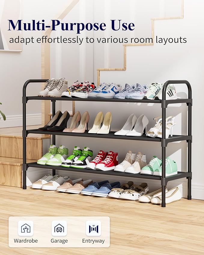 Kitsure Extra-Long Shoe Rack for Closet, Shoe Organizer for Front Door Entrance, Stackable Shoe Shelf, Detachable Closet Organizers and Storage, 39.0" Wide - 3 Tier, Black