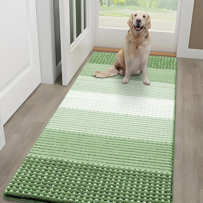 Kitinjoy Indoor Outdoor Door Mat, 59x24 Non-Slip Absorbent Dirt Trapper, Low-Profile Washable Inside Entrance Front Floor Mat, Sturdy Soft Entry Dotted Ombre Doormats for Entryway, Sage Green