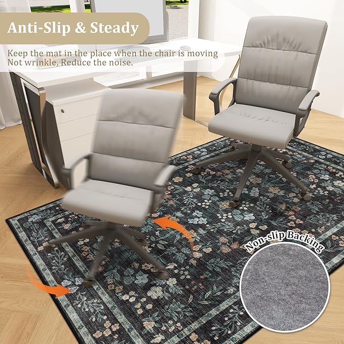 chakme Office Chair Mat for Hardwood Floor, 60"x45" Easy Glide Computer Desk Mat Protector for Rolling Chair Under Desk Rug Nonslip Backing, Machine Wash, (Floral)