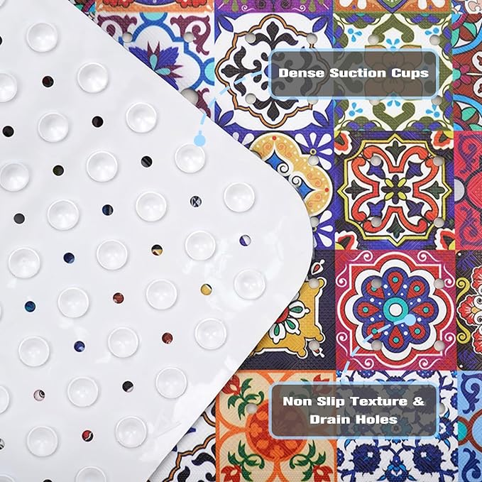 Boho Bathtub Mat Non Slip, Vintage Bath Tub Mat Baby Bath Mats for Bathroom Anti Slip Shower Mats for Inside Shower, Colorful Floral Bathmat with Suction and Drain Holes Machine Washable, 40″x16″