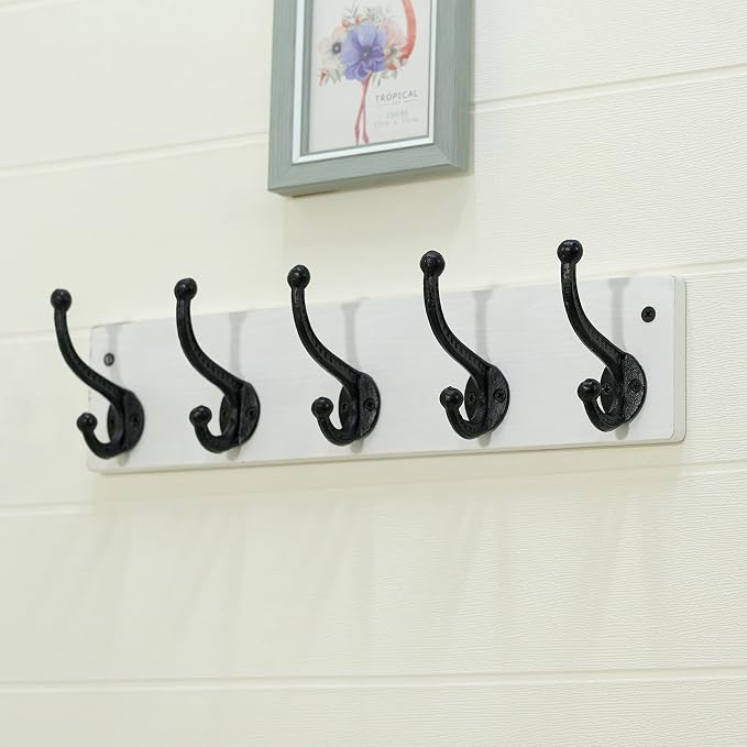 WEBI Rustic Coat Rack Wall Mount,5 Cast Iron Coat Hooks Wall Mounted,Heavy Duty Wall Coat Hanger Hooks for Hanging Coats,Clothes,Black on White,2 Packs