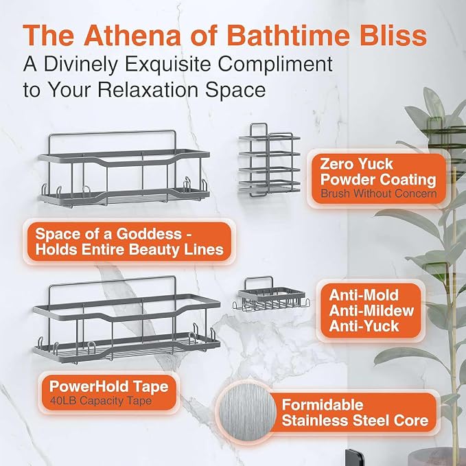 Shower Caddy Bathroom Shelves, The Athena Silken 4 Set, 40LB Capacity, Adhesive Tape - No Drill - Rustproof -Gorgeous Powder Coated 304 Stainless Steel Shower Organizer for kitchen & Home Decor - Grey
