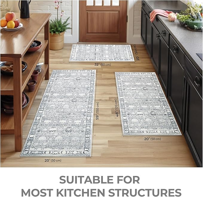 GRANNY SAYS Boho Kitchen Rug Sets of 3, Non Slip Washable Faux Wool Kitchen Mats for Floor, Thick Soft Anti-Fatigue Comfort Standing Mat Runner Rugs for Hallway Laundry Room, Grey