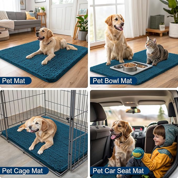 Smiry Dog Door Mat for Muddy Paws 48x30, Absorbent Dirt Trapper, Non-Slip Washable Chenille Entryway Rug for Inside Floor, Atlantic Blue, Classic Solid