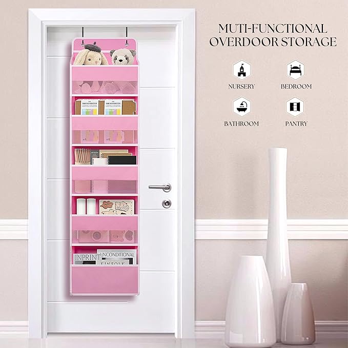 TYMENSH Pink Over Door Organizer with 5 Large Clear Pockets and 6 Side Mesh Pockets, Anti-Tilt Hanging Door Storage for Nursery, Bedroom, Bathroom, Closet, Toys, Baby Essentials