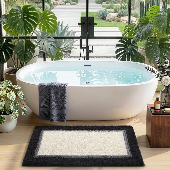 DEXI Bathroom Rugs 43x24, Absorbent Extra Soft Plush Microfiber Bath Mat for Bathroom, Non Slip Washable Bathmat Quick Dry for Shower Floor, Sink, Tub, Laundry Room, Black and White
