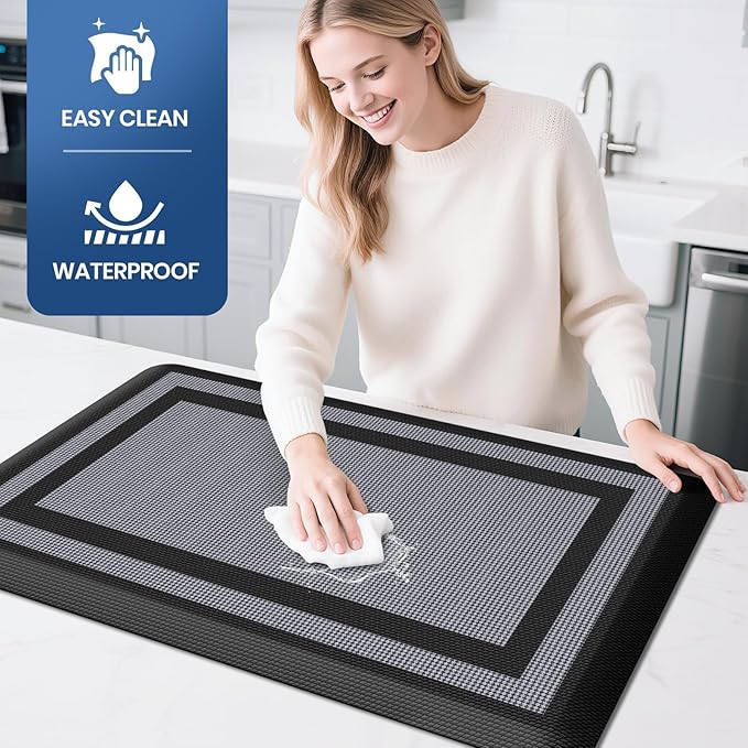 KitchenClouds [2 PCS] Kitchen Rugs Cushioned Anti-Fatigue Kitchen Mats for Floor Waterproof Kitchen Rug Set Non-Slip Comfort Standing Mat for Office, Sink, Laundry 17.3"×29"+17.3"×47",Black