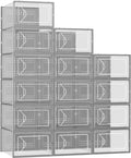 Foluck Shoe Storage Box, 15 Pack Clear Plastic Stackable Organizer for Closet, Interlocking Design Shoes Container Bins for Sneakers, Foldable Shoe Rack with Lids, Grey