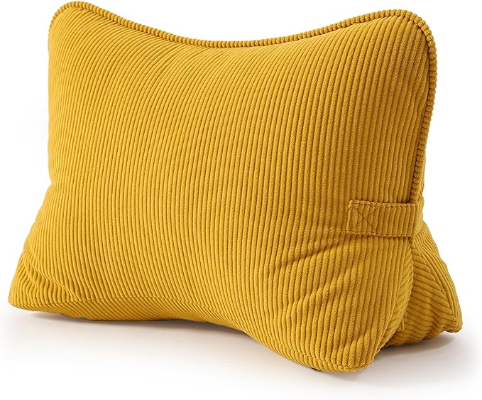 Pat. Pend. Corduroy Reading Back Pillow with Lumbar Support, Triangle Backrest Cushion for Bed Sitting & Relaxing, Support Pillow for Sofa or Headboard, Bright Yellow