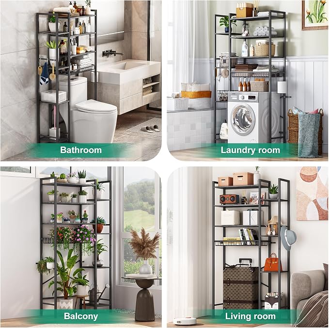 Kalrin 8-Tier Over The Toilet Storage with Side Rack, Over Toilet Storage Rack with Adjustable Shelf & Drain Basket, Freestanding Bathroom Organizer for Balcony, Laundry (Modern Grey)