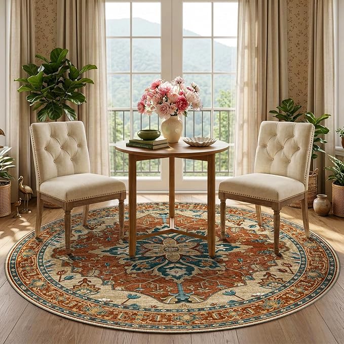 RELEANY Area Rugs Round 5ft Washable Non-Slip, Floral Vintage Distress Medallion Carpet for Living Room Bedroom Dining Room, Red Orange Blue Brown