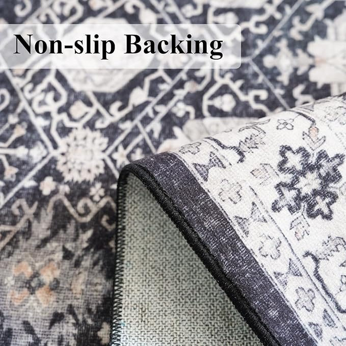 4x6 Living Room Area Rugs: Washable Non-Slip Boho Decorative Rugs for Bedroom Nursery Low Pile Neutral Small Carpet for Kitchen Dining Room Non-Shedding Floor Mat for Kids Room Office (4x6，Black)