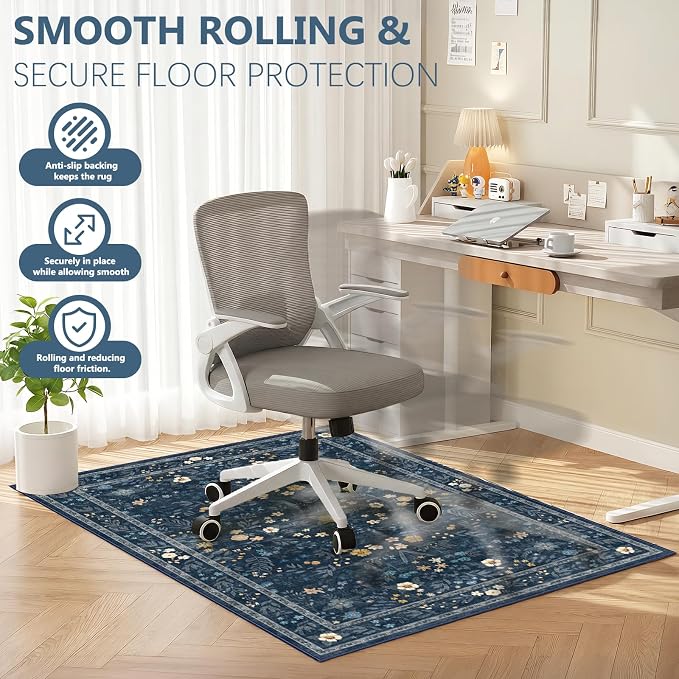 Office Chair Mat for Hardwood Floor & Tile Floor,36"X 48" Heavy Duty Desk Chair Mat for Hard Floors, Under Desk Rug for Rolling Computer Chair,Anti Slip,Low Pile Carpet Floor-Dark Blue Floral Print
