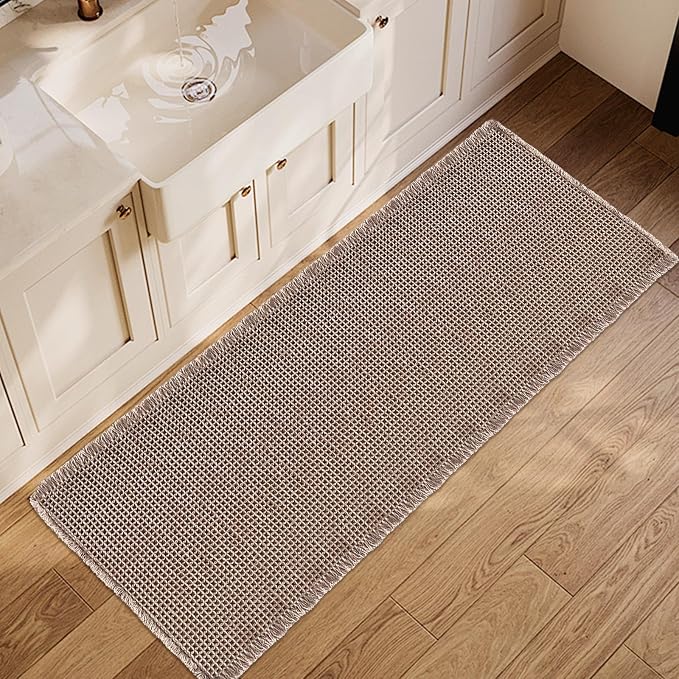 ZALL Tan Waffle Bath Mat,Super Absorbent Non Slip Long Bathroom Runner Rug,Brown 24X60inch,Machine Washable Ultra Soft Floor Mats